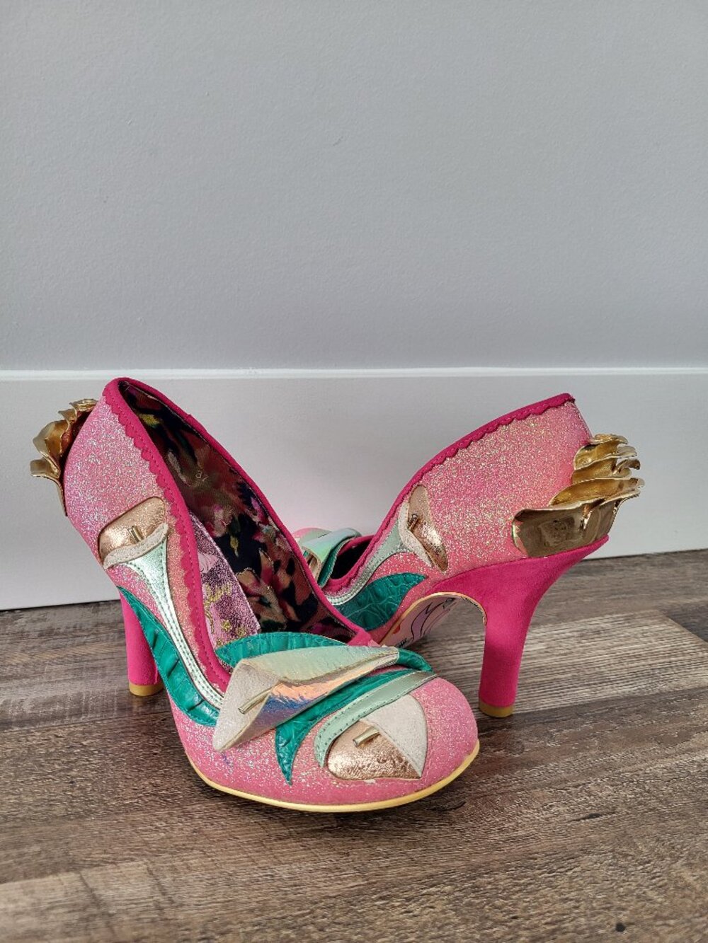 Irregular Choice Calla Lily Heels Pink Glitter Floral Statement Shoes 37